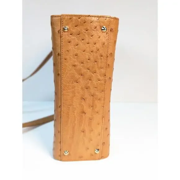 Scuola Del Cuoio Ostrich Leather Caramel Brown Flap Handbag Purse Firenze Italy - Picture 13 of 16